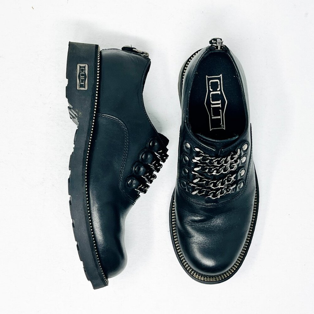 CULT OFFICIAL Women's Oxfords Shoes [Size 6/ 36] Leather Black Brogues Chains